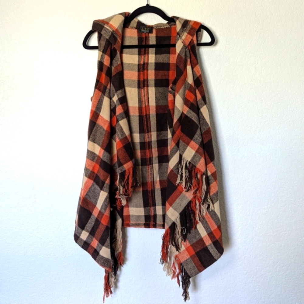 Plaid flannel Hooded cardigan Vest with Fringe